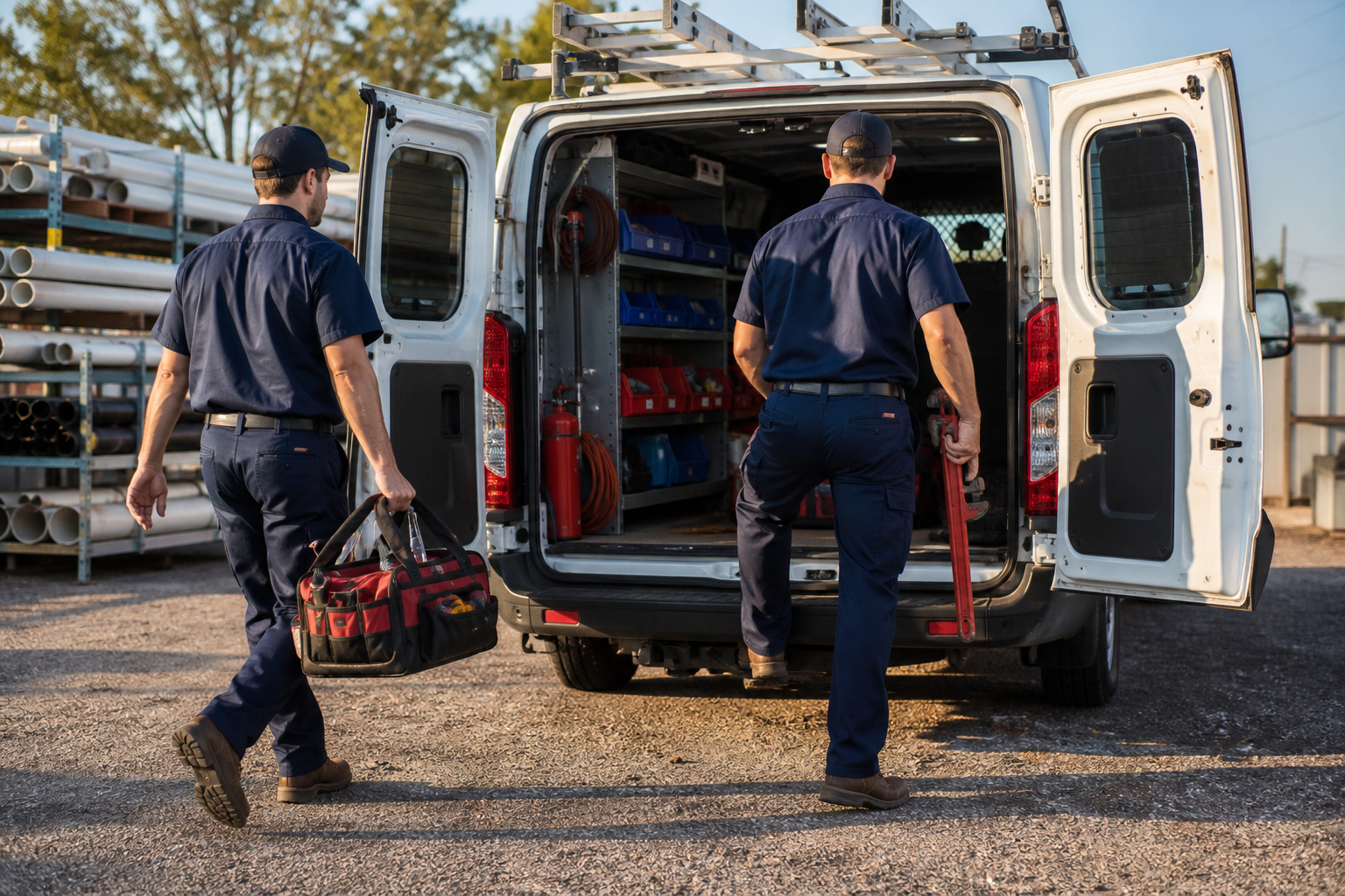 Plumbers loading tools into a service van in Olathe, Kansas